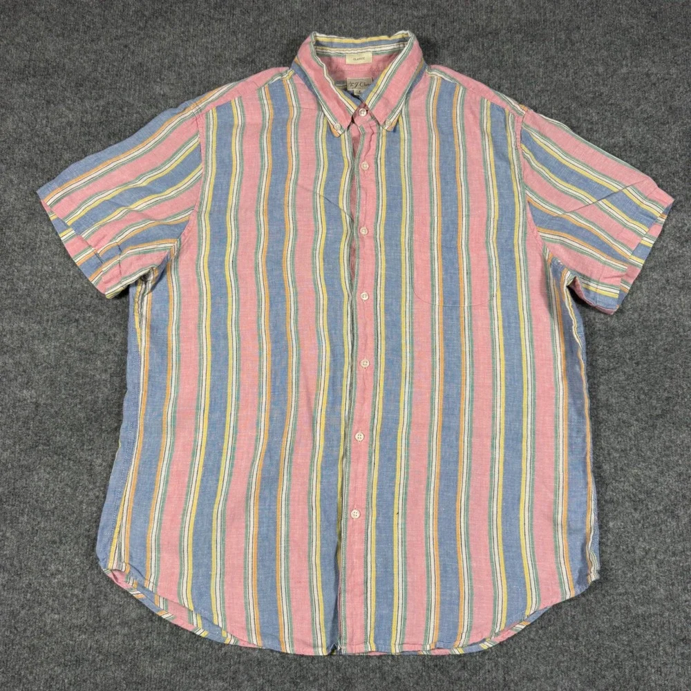 J.Crew Irish Linen Shirt Classic Mens L Pink Blue Stripe 100% Linen EUC